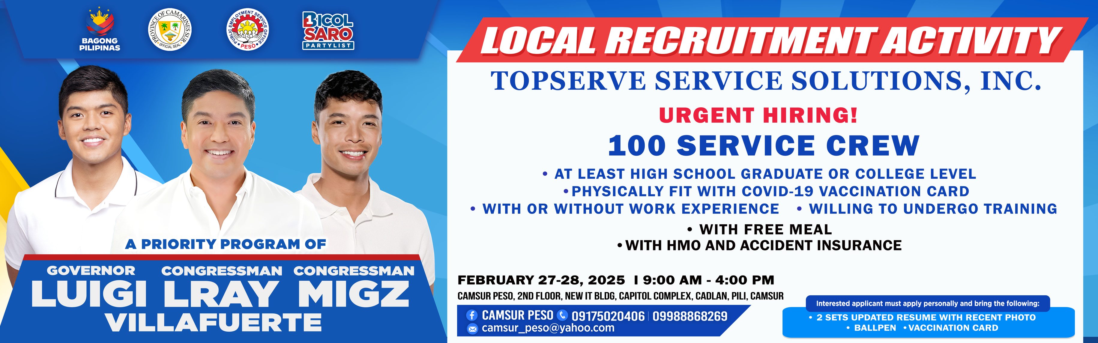 RECRUITMENT ACTIVITY SCHEDULE: TOPSERVE SERVICE SOLUTIONS, INC. - February 27-28, 2025